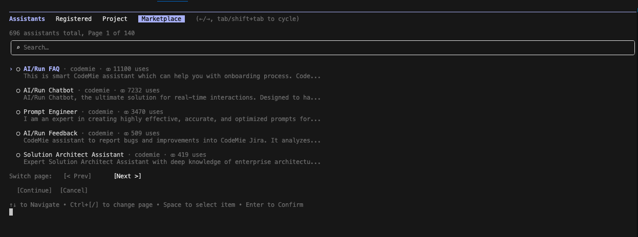 Assistant selection screen showing three panels: Registered, Project, and Marketplace