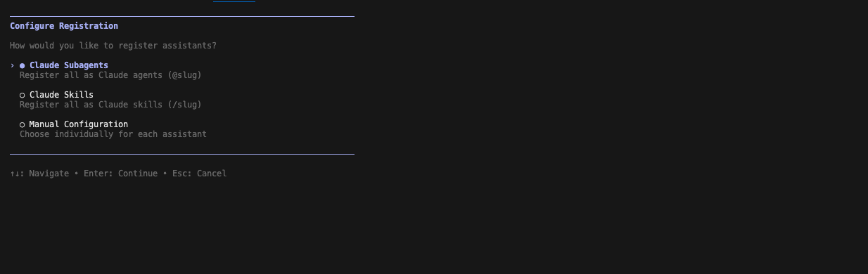 Configure Registration screen showing Claude Subagents, Claude Skills, and Manual Configuration options