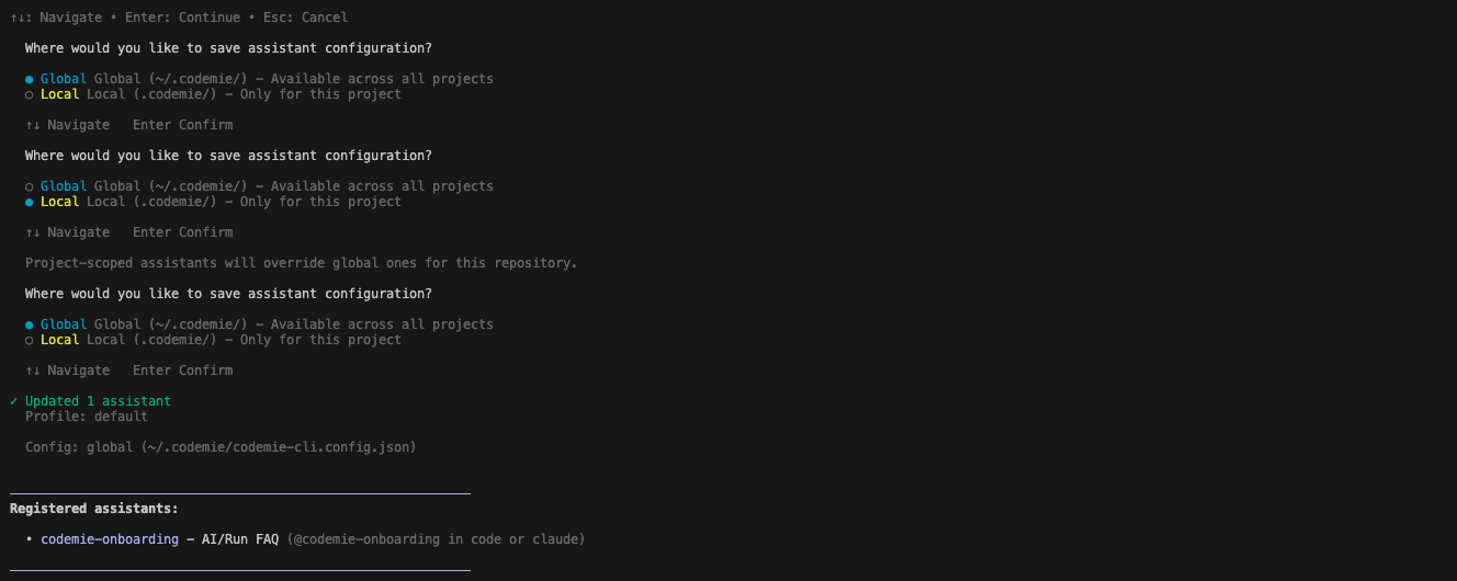 Scope selection screen showing Global and Local options, with registered assistants summary below