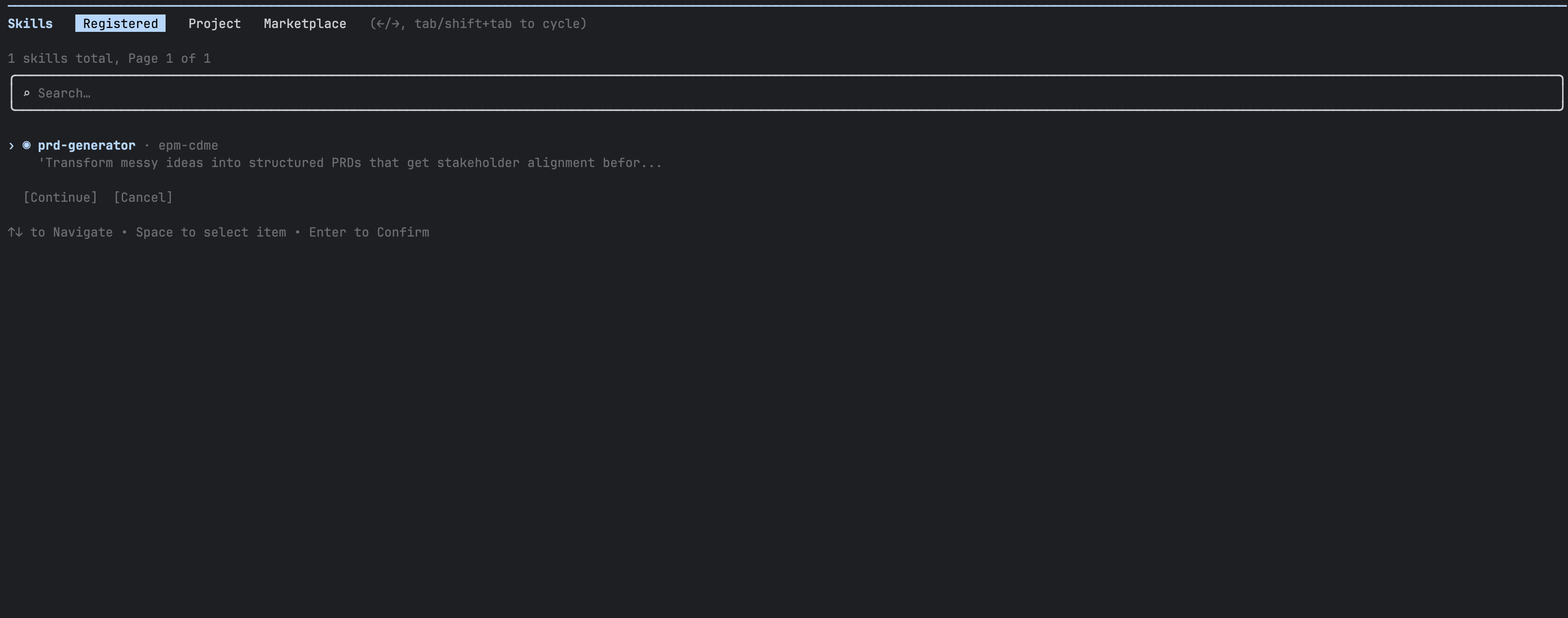 Registered tab showing one installed skill