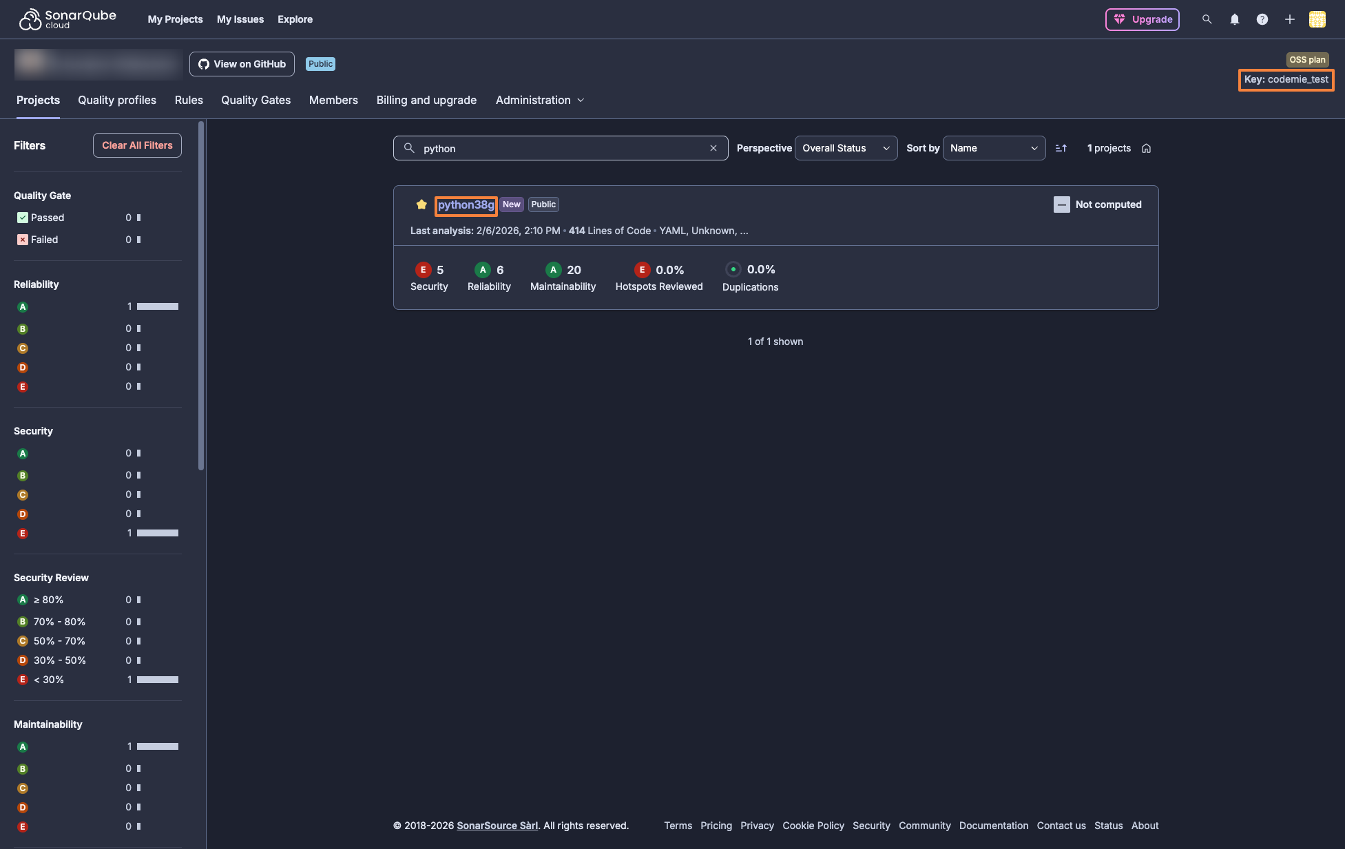 SonarQube Cloud — Projects page