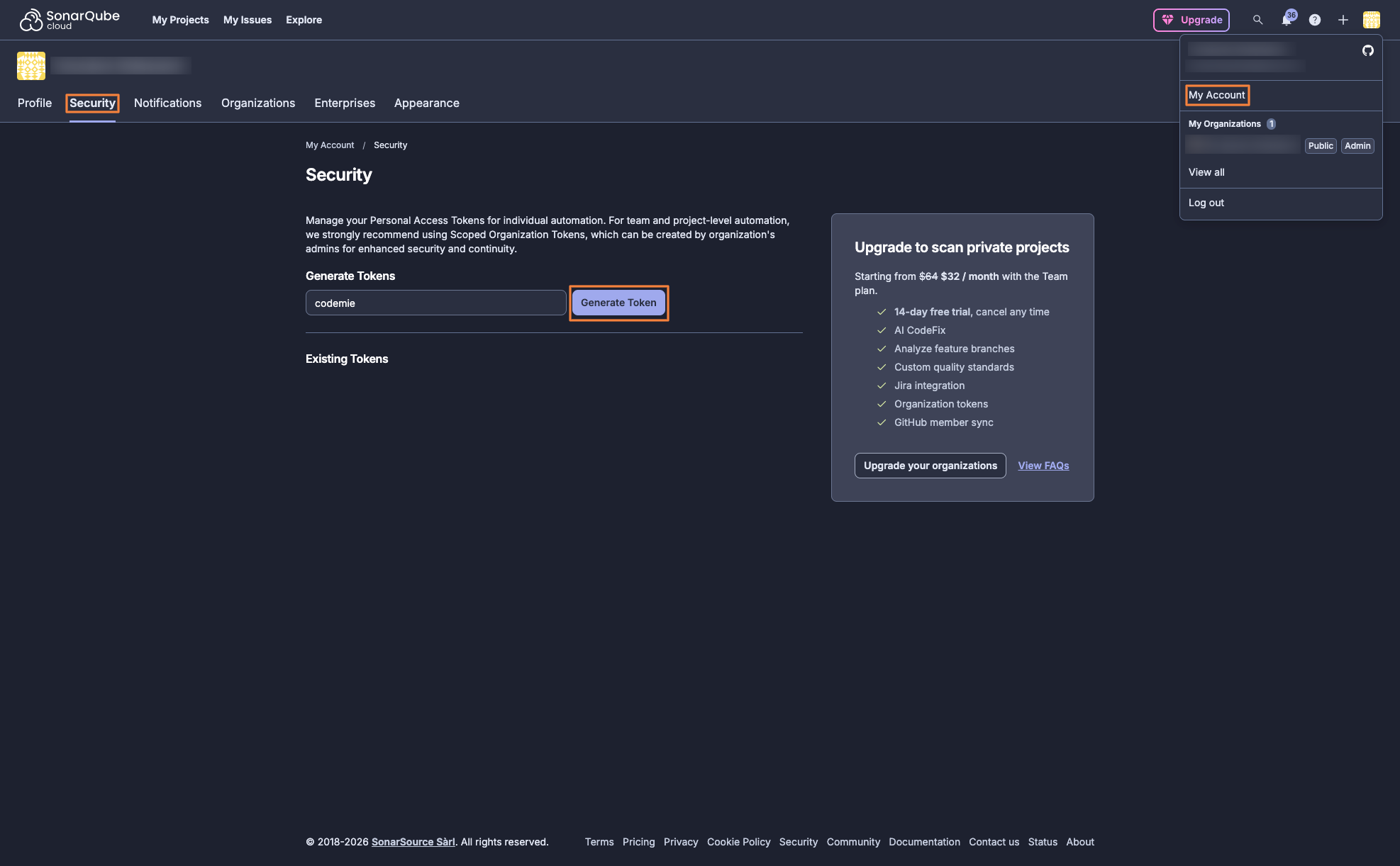 SonarQube Cloud — My Account, Security tab