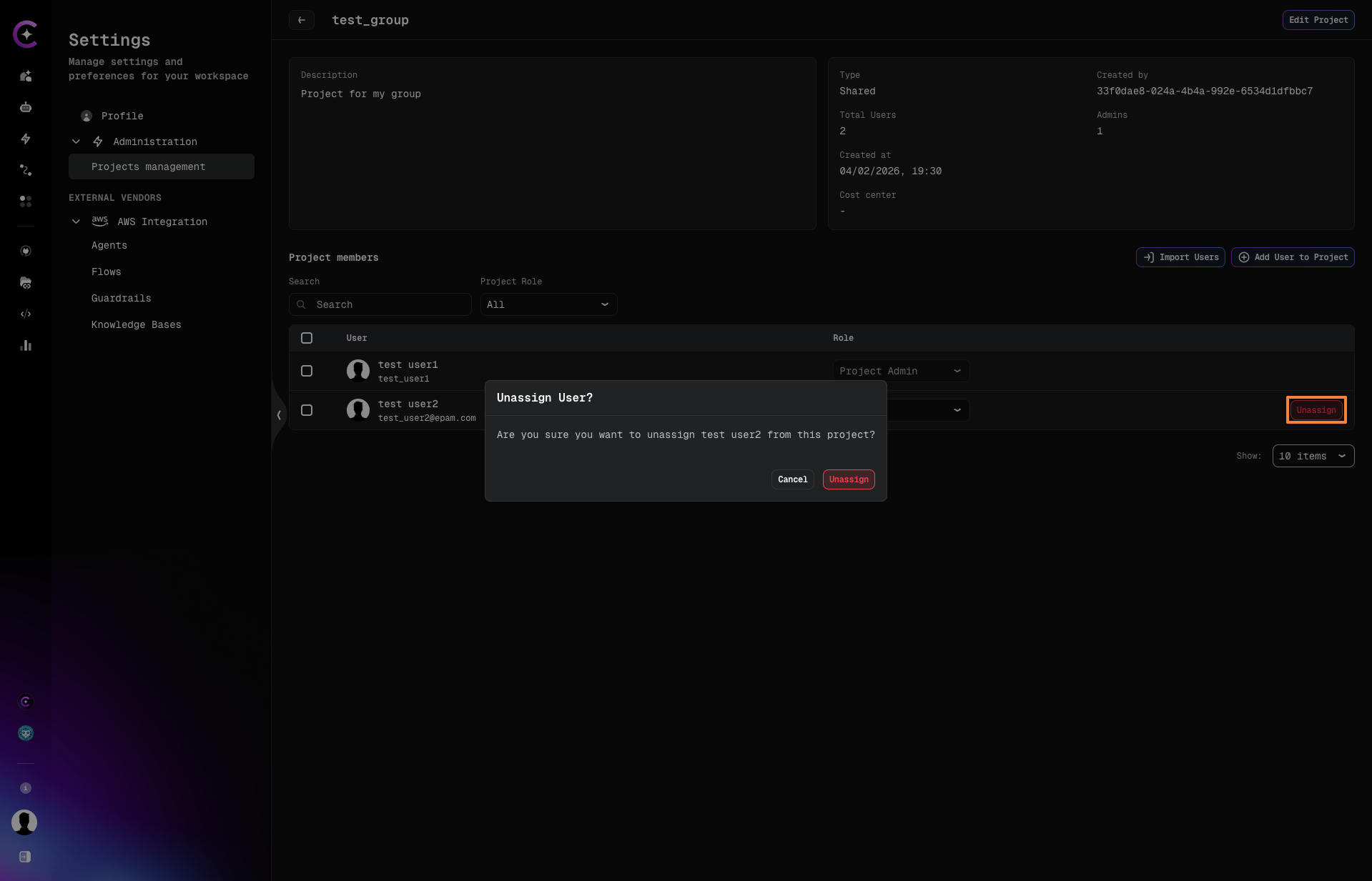 Unassign User confirmation dialog