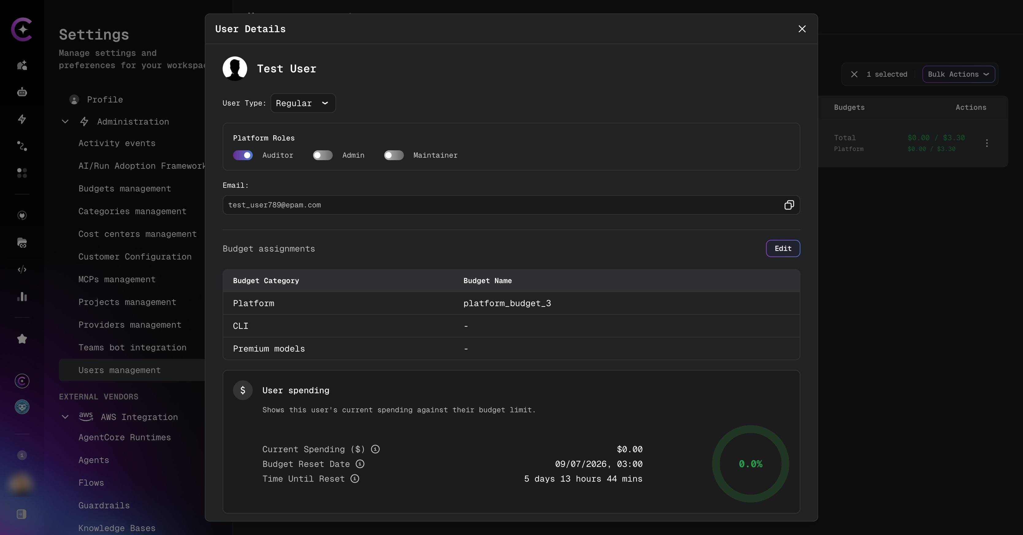 Auditor switch toggled on for a regular user