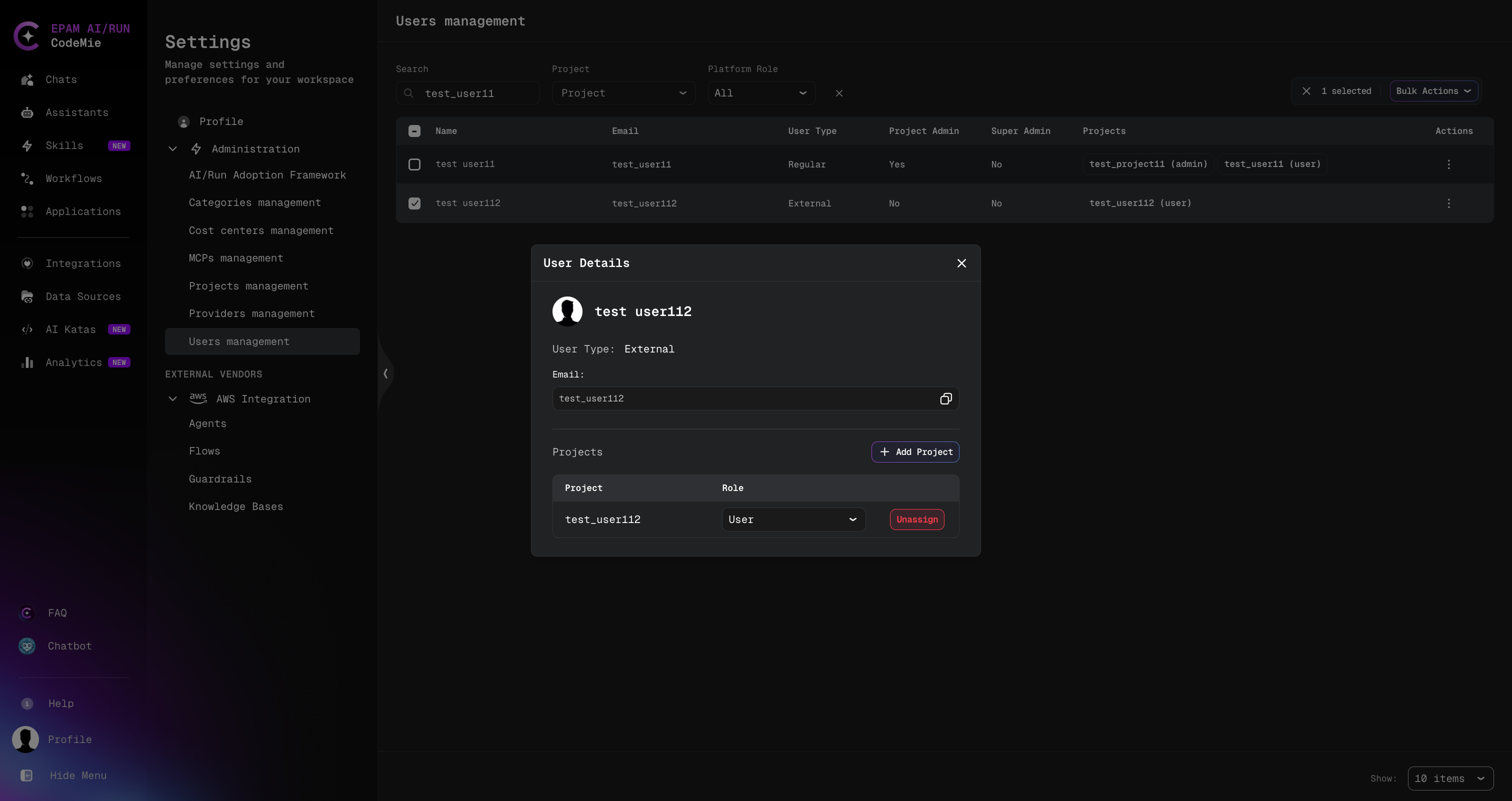 User Details panel for an External user