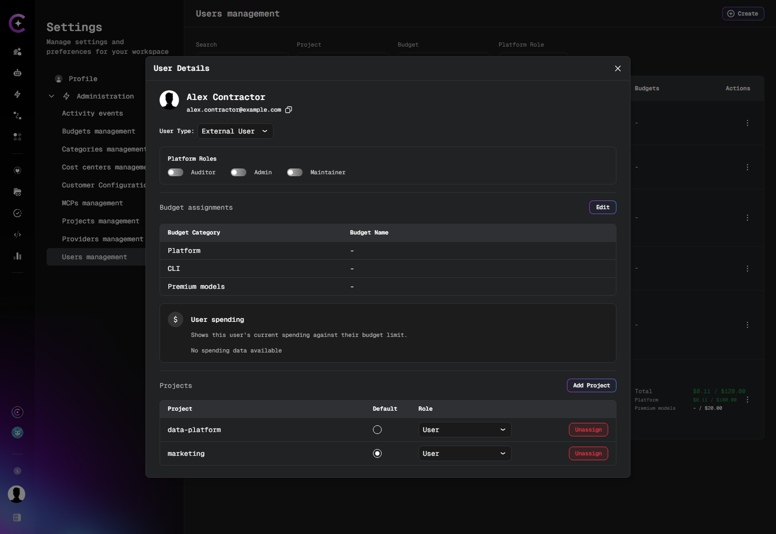 User Details panel for an External user