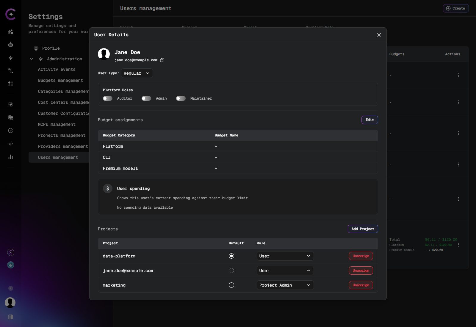 User Details panel for a Regular user