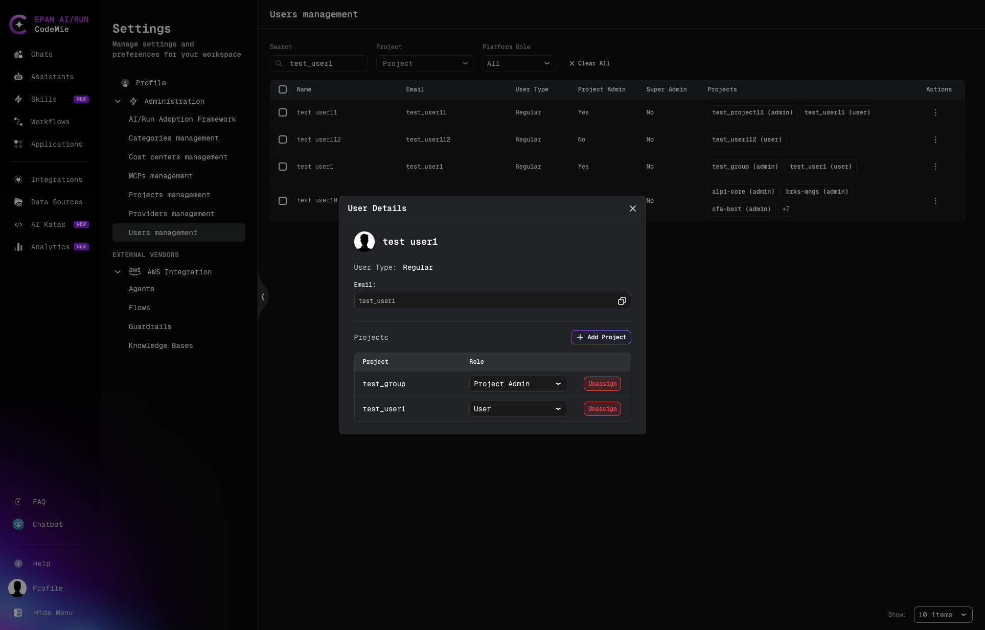 User Details panel for a Regular user
