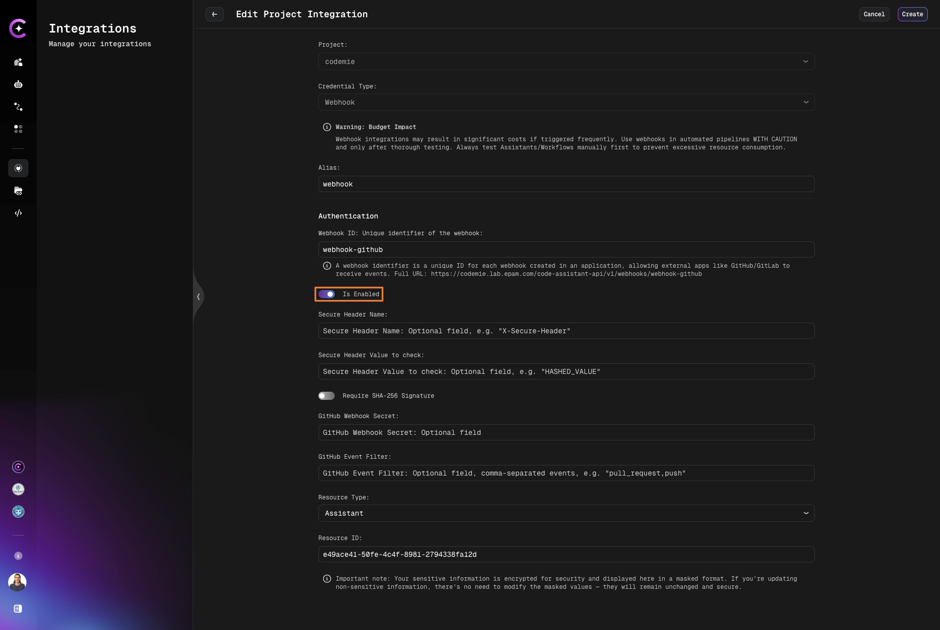 Webhook integration form