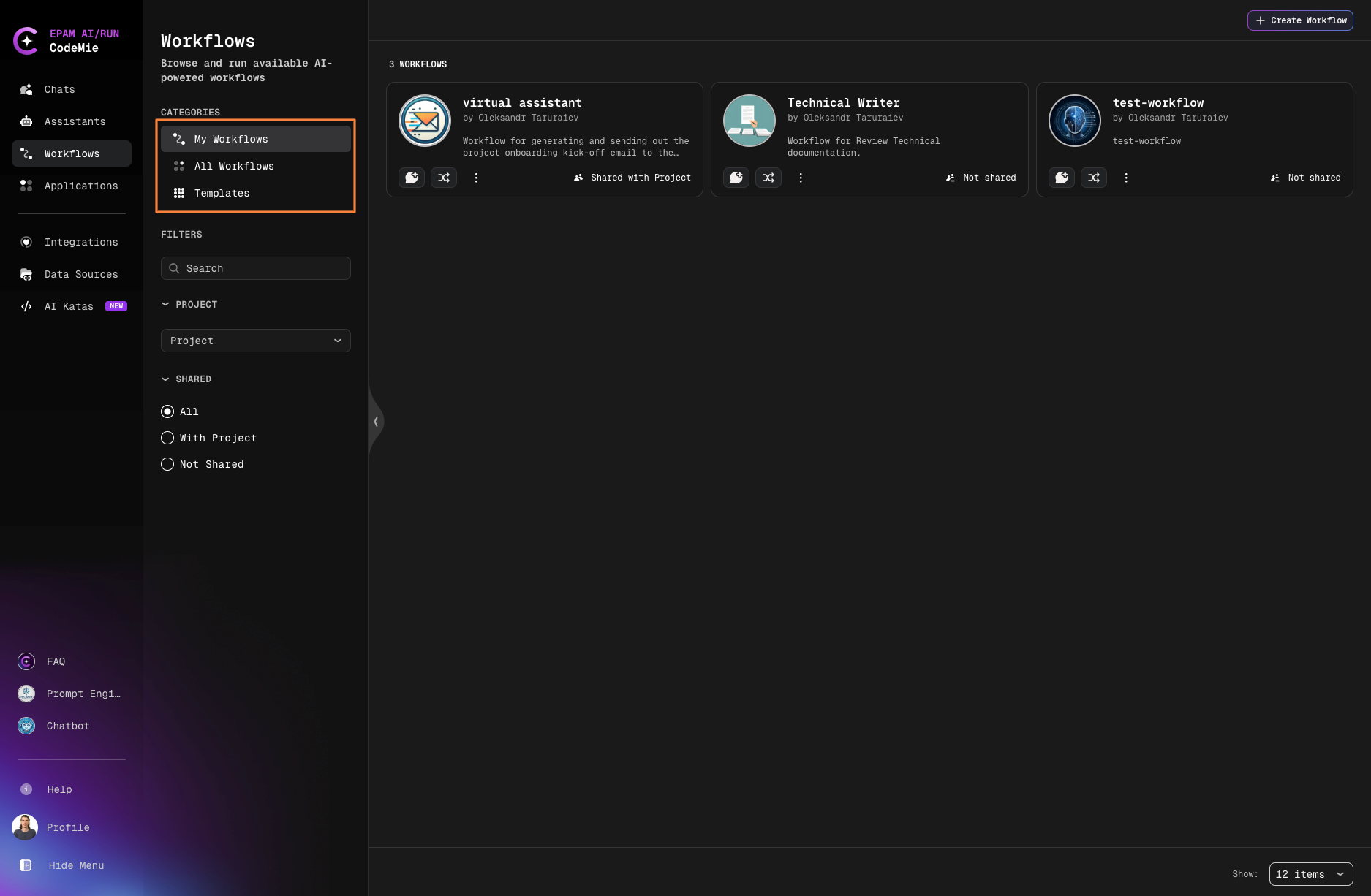 Workflow categories view