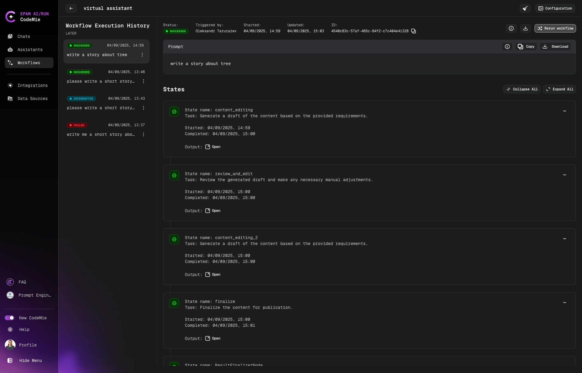Workflow Execution page