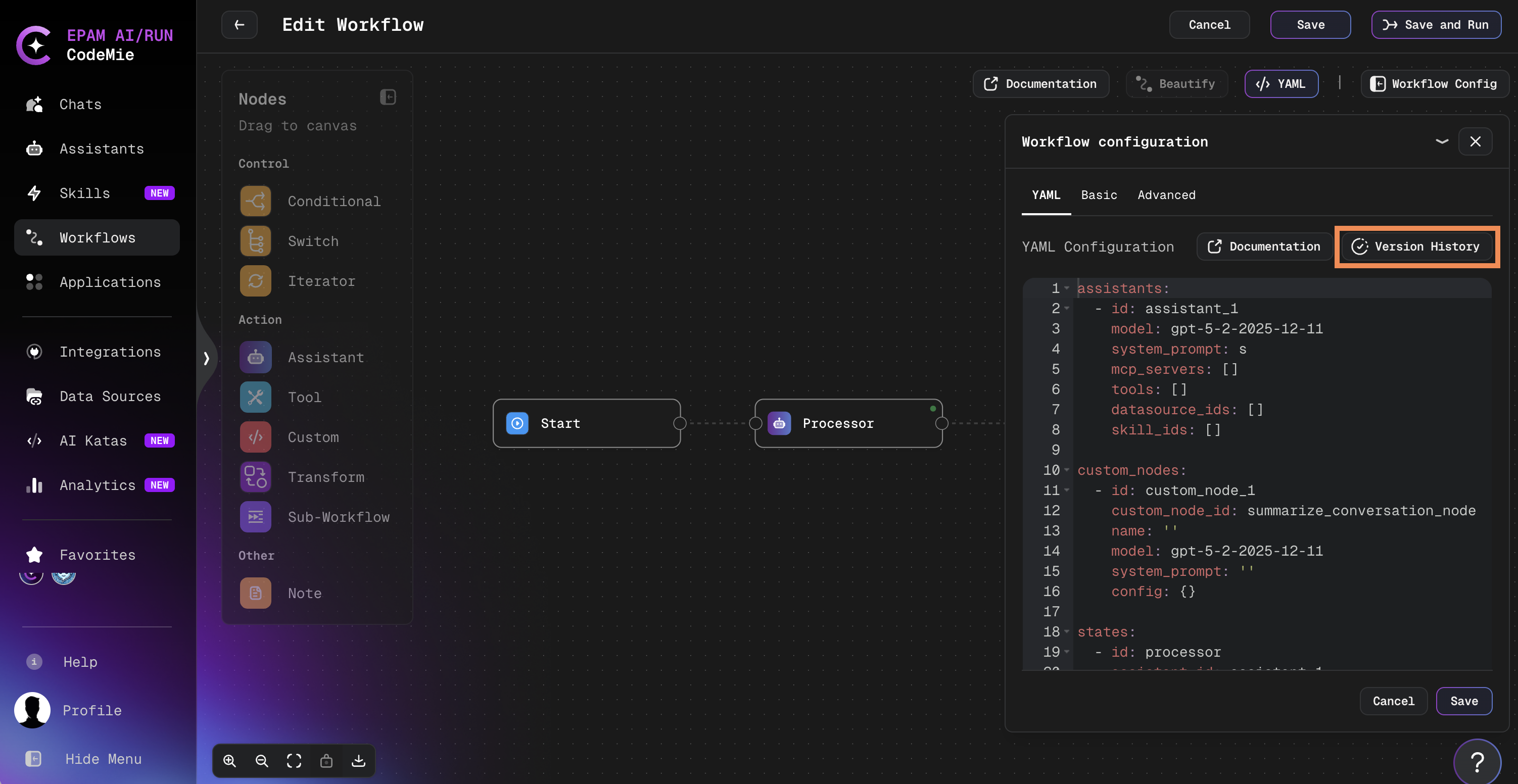 Version History button in the YAML editor header