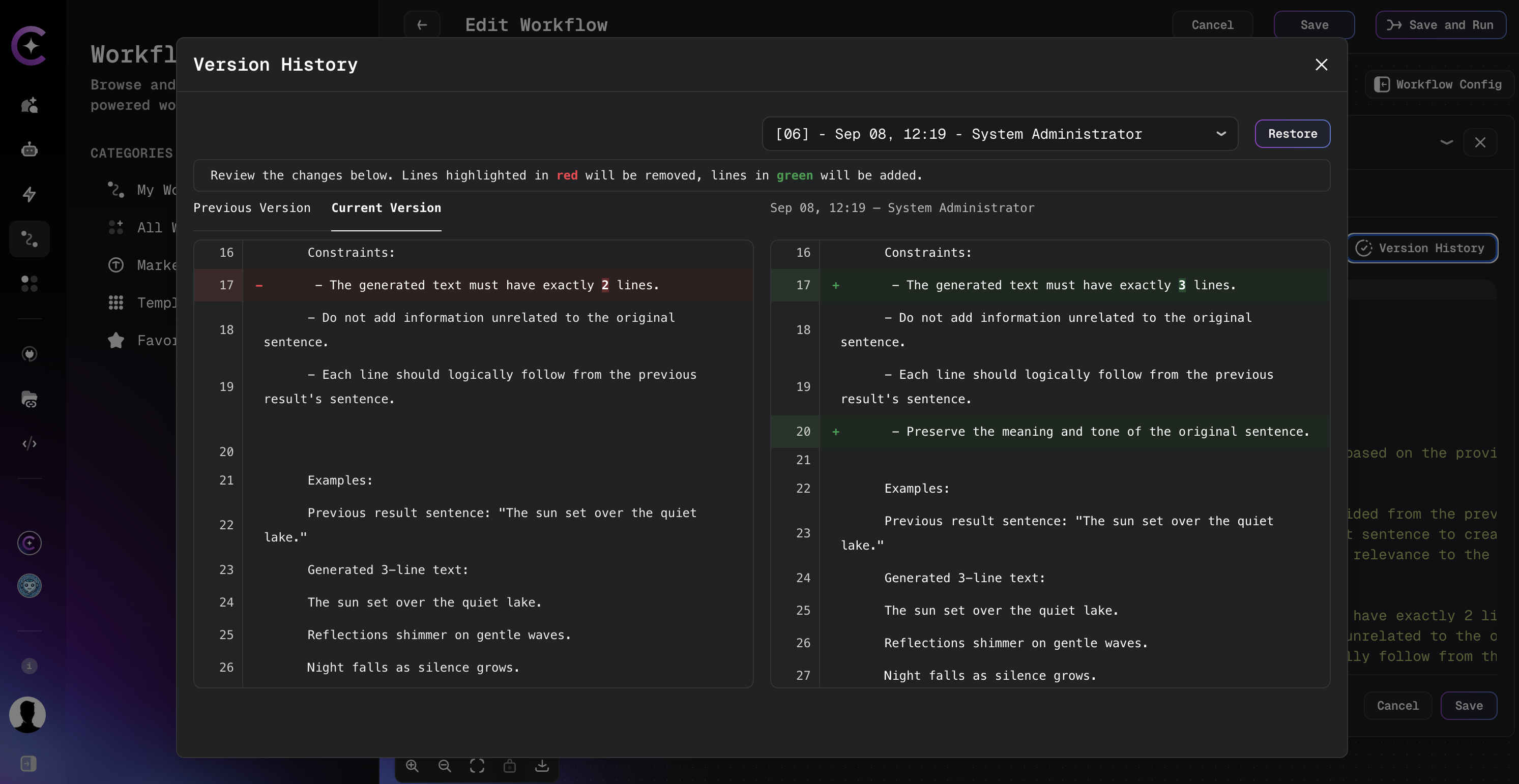 Version History popup with YAML diff view