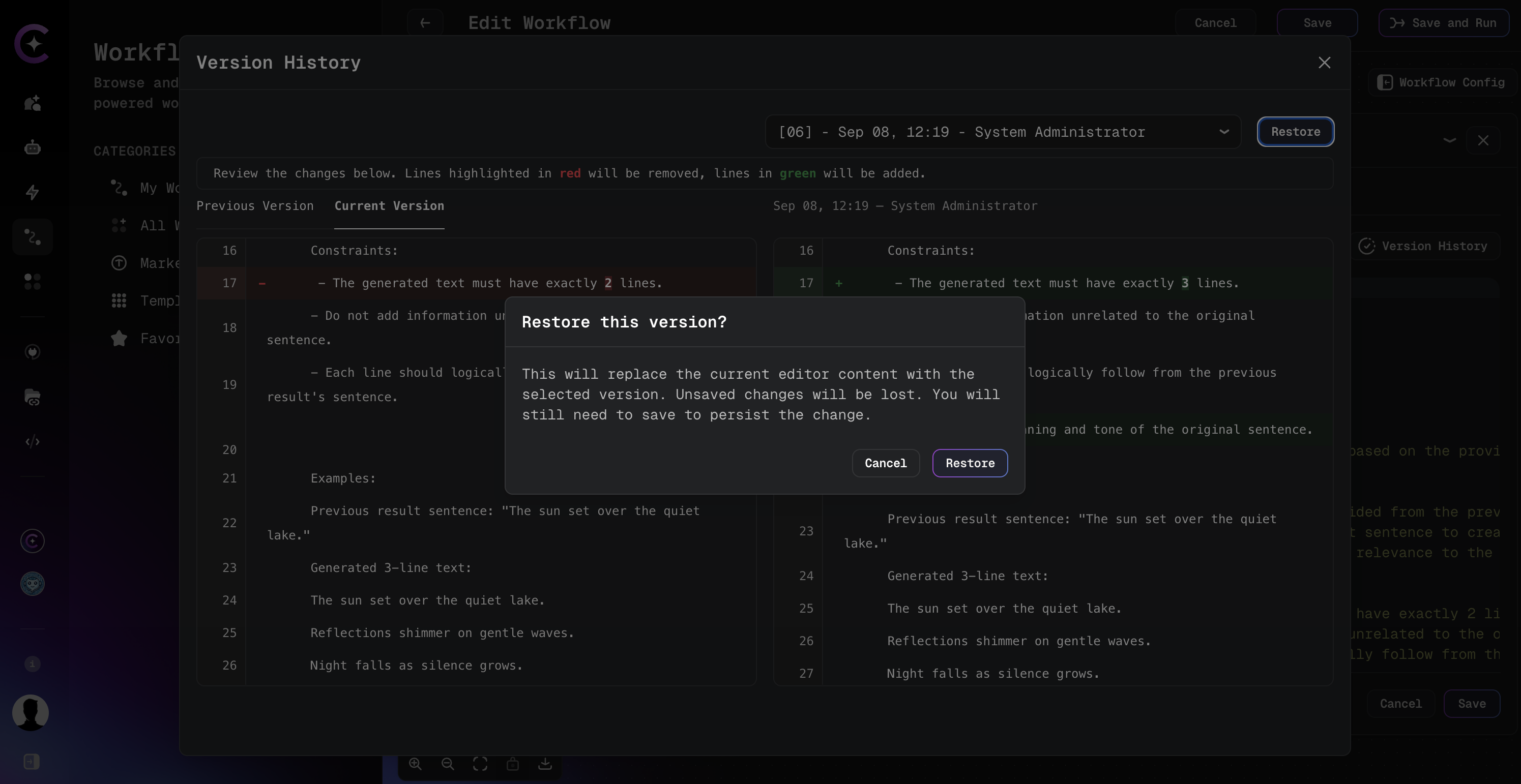 Restore confirmation dialog