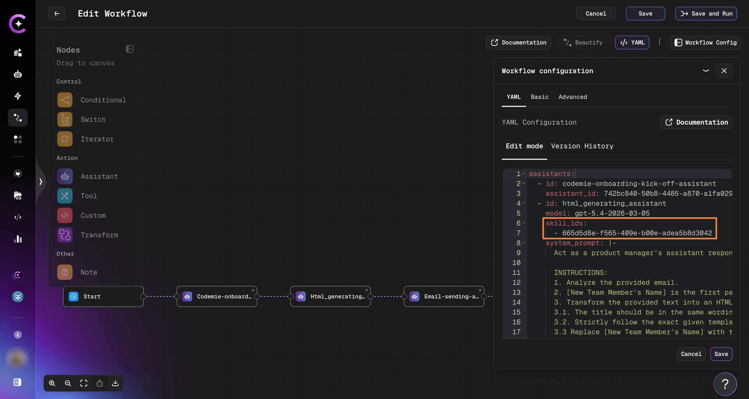 Workflow YAML — Assistant Skills Configuration