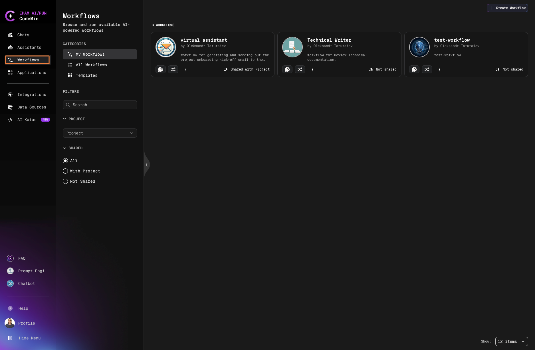 Workflows tab in the navigation menu